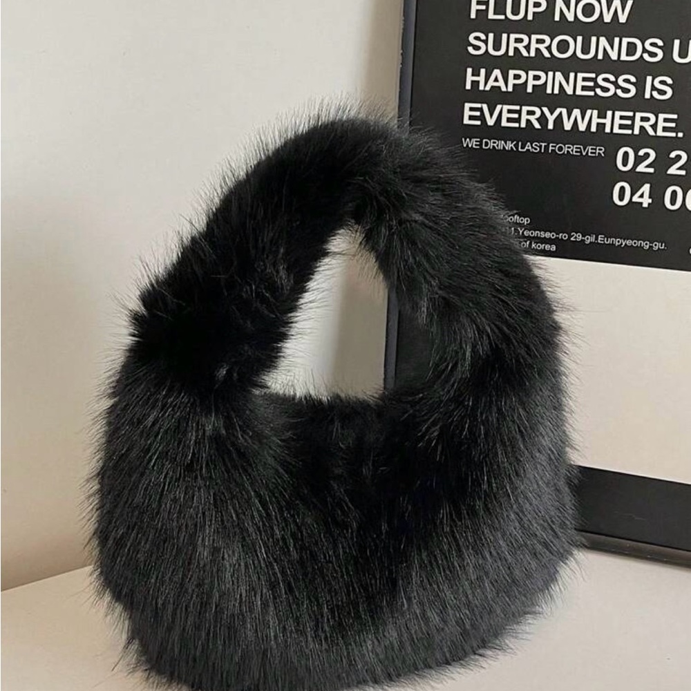 Black Faux Fur Shoulder Bag with Crescent Design